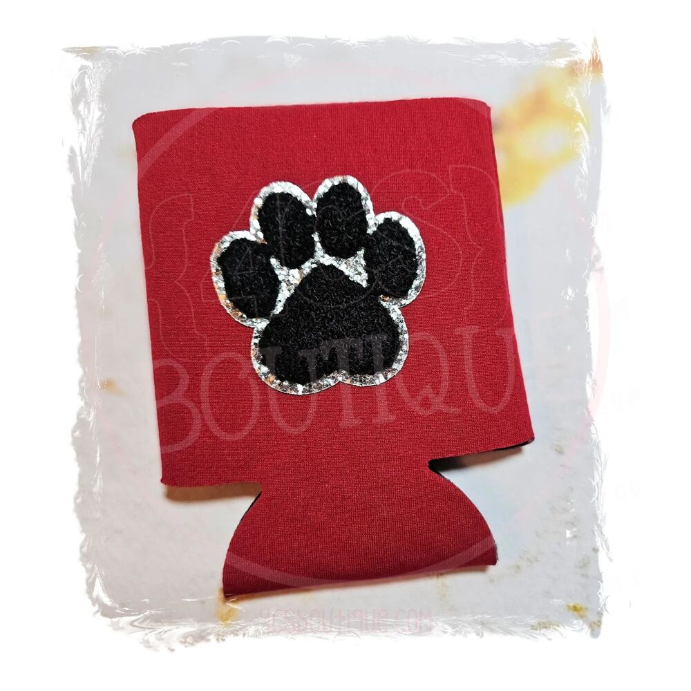 Red Paw Print Can Cooler Chenille Patch School Spirit Koozie Ready To Ship